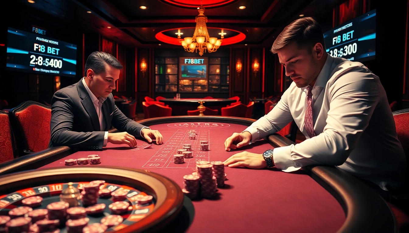 Experience thrilling high-stakes poker at F8BET, featuring engaging players and vibrant casino ambiance.