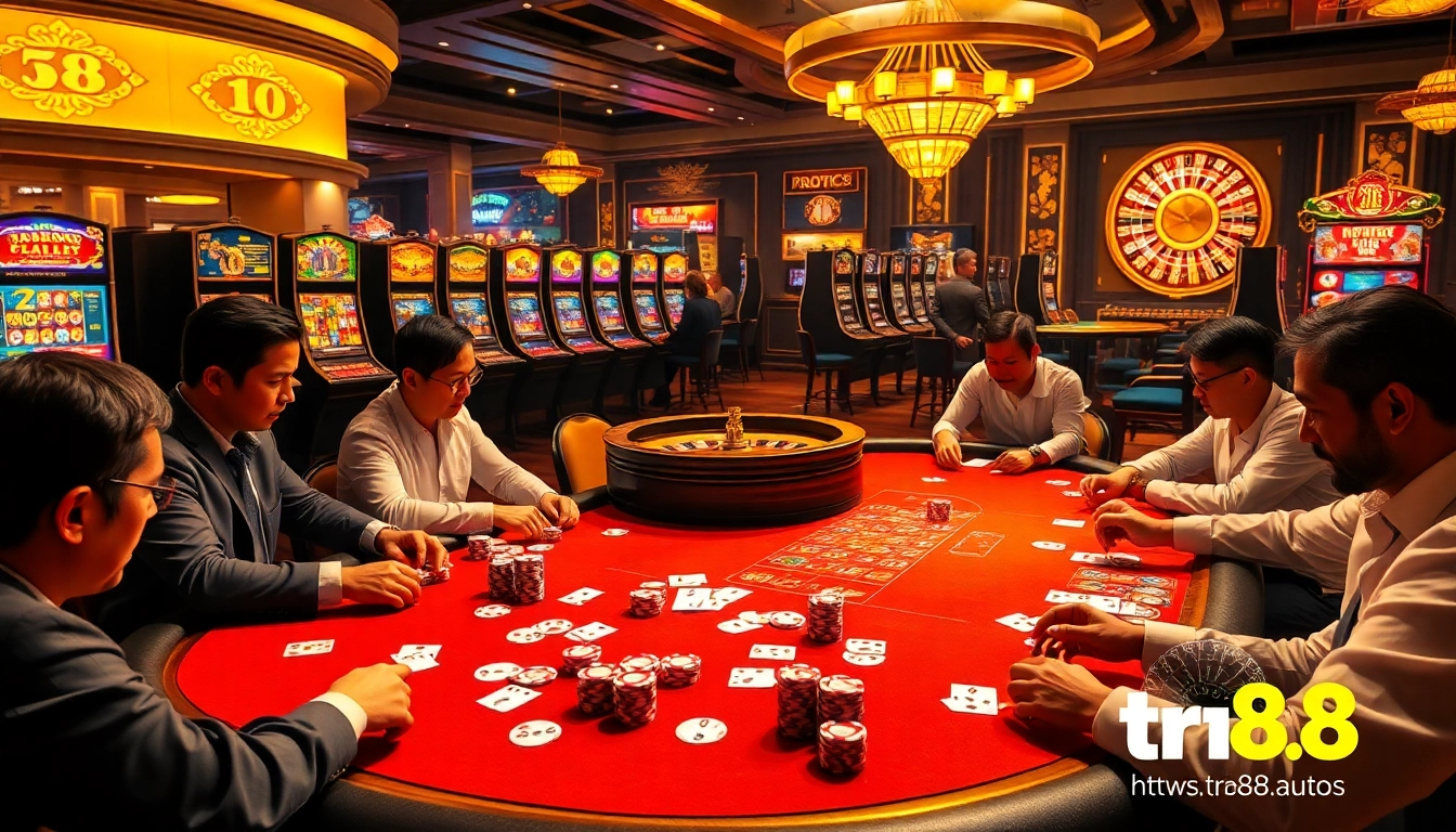 Experience intense poker action at https://tr88.autos/ with vibrant chips and a spinning roulette wheel.