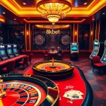 Players experience excitement at 8kbet, enjoying poker tables and slot machines in a luxurious casino.