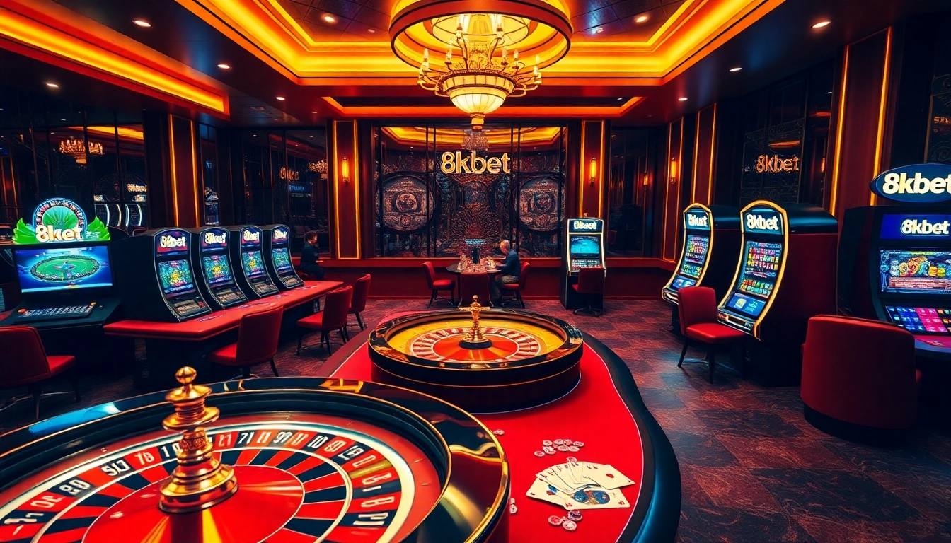 Players experience excitement at 8kbet, enjoying poker tables and slot machines in a luxurious casino.
