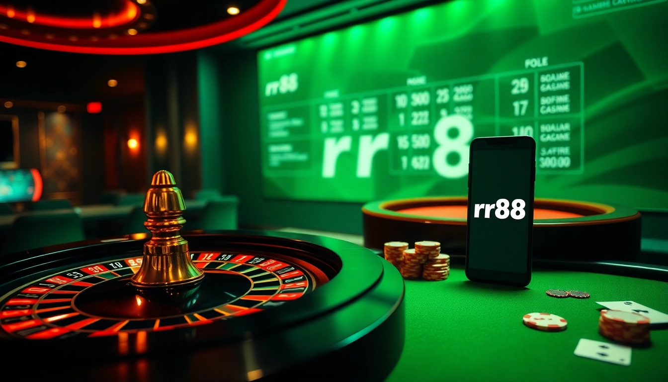 Experience the thrill of online gambling with the rr88 link in a vibrant casino setting, featuring roulette and poker.