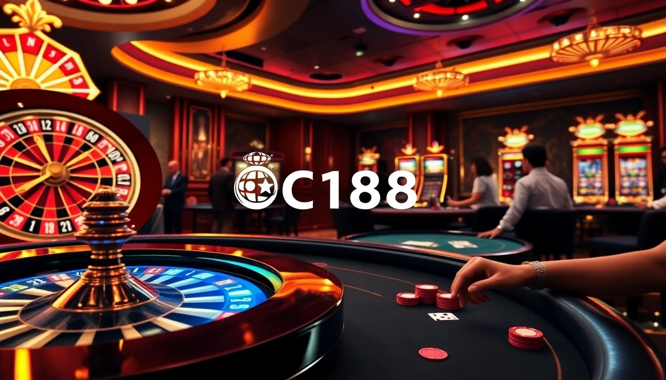 An engaging casino scene at https://c168game.com/ showing players enjoying roulette and poker in a luxurious setting.