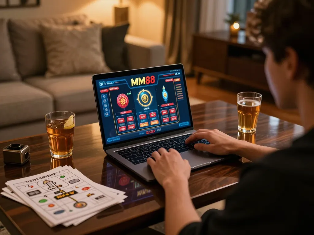 Engaged player navigating MM88 online casino from a modern home setup with interactive game interface.