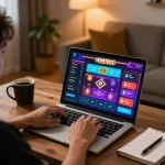 Player enjoying online gaming at https://da88at.com/ from a cozy home setup with laptop and strategy notes