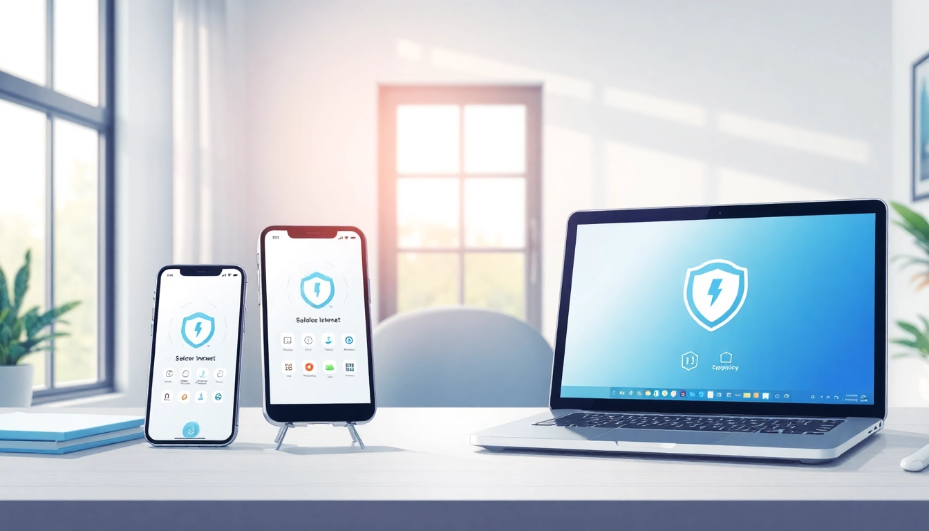 在舒适家庭办公室设备上展示的快连下载应用，强调速度与安全功能。