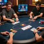 X88 online poker players engaging in a vibrant game, showcasing competitive strategy and colorful gaming interface