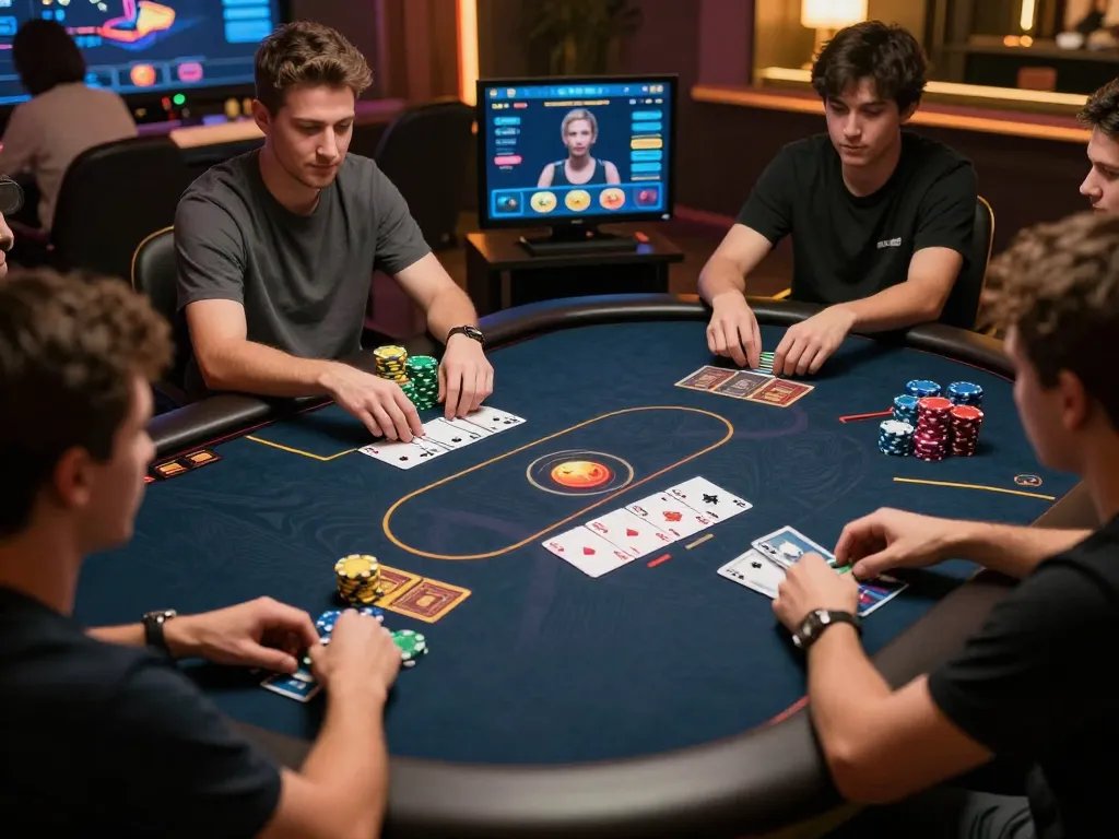 X88 online poker players engaging in a vibrant game, showcasing competitive strategy and colorful gaming interface