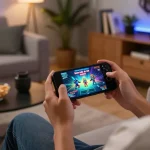 Player engaging in Game bài đổi thưởng on smartphone in cozy home setting, emphasizing mobile gaming excitement.