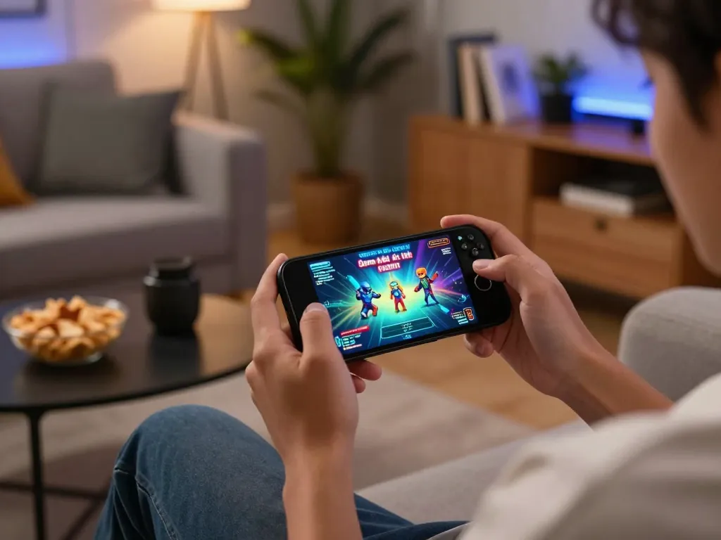 Player engaging in Game bài đổi thưởng on smartphone in cozy home setting, emphasizing mobile gaming excitement.