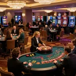 SOC88 casino experience with players engaging at dynamic blackjack tables under warm chandeliers, showcasing luxury gaming.