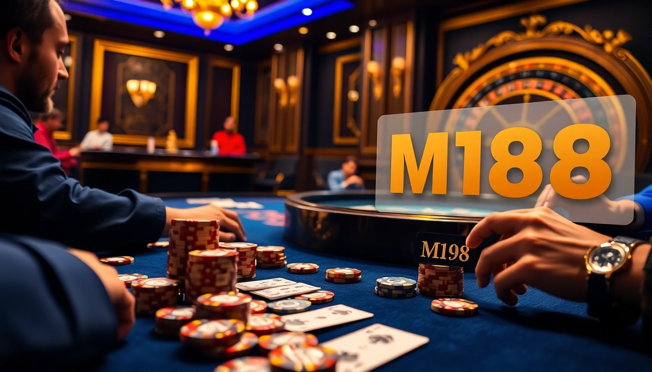 Players engaging in thrilling poker action at a M98 casino table surrounded by luxury.