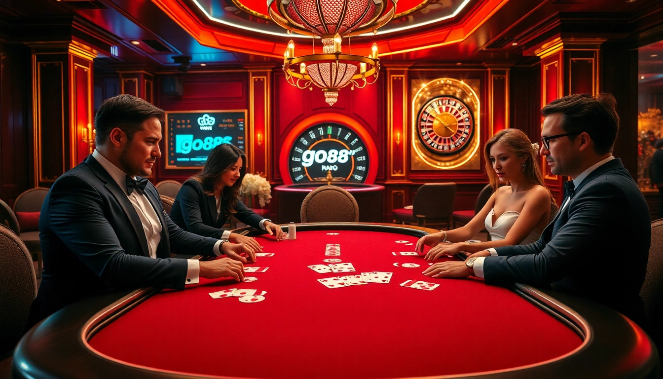 Experience the thrilling gameplay at go88's luxurious casino with elegant poker tables and vibrant atmosphere.