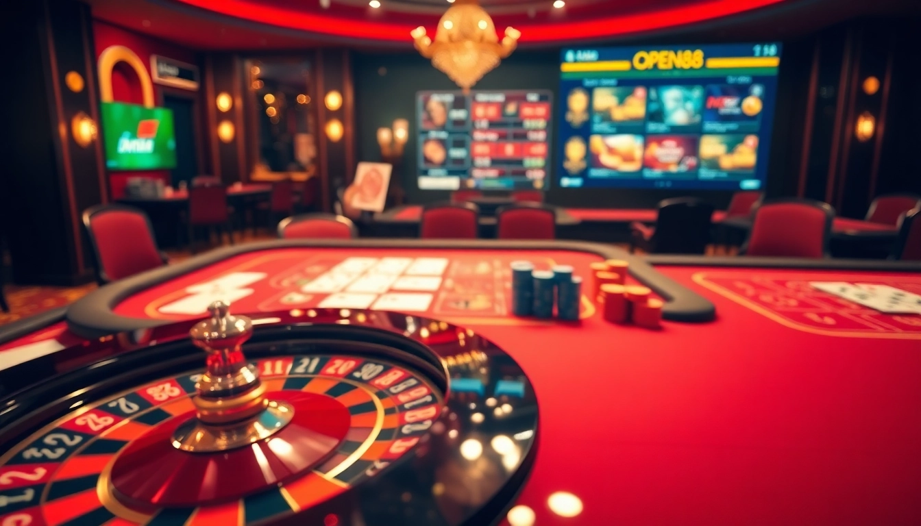 Experience the excitement of nhà cái open88 with a vibrant casino scene featuring roulette and poker elements.