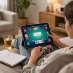 Engaging with aa888's online poker on a tablet while enjoying a cozy home environment