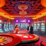 Experience dynamic gameplay at xin88 with players at a casino table surrounded by vibrant slot machines and winning chances.