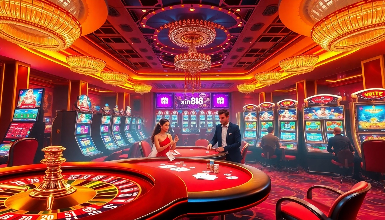 Experience dynamic gameplay at xin88 with players at a casino table surrounded by vibrant slot machines and winning chances.