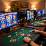 TIP88 player engaging in online casino gameplay on multiple screens, showcasing strategic bets and modern gaming setup.