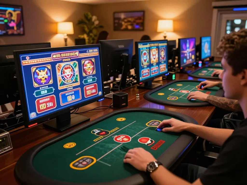TIP88 player engaging in online casino gameplay on multiple screens, showcasing strategic bets and modern gaming setup.