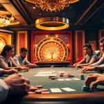 Experienced gamblers at RR88 poker table, showcasing action with vibrant chips and cards.
