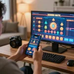 Engaging moment of a player accessing the 56WIN casino app on smartphone, showcasing home gaming excitement