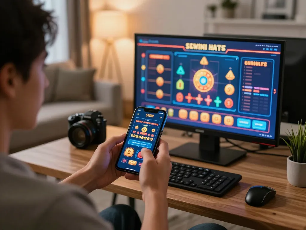Engaging moment of a player accessing the 56WIN casino app on smartphone, showcasing home gaming excitement