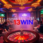 Engaged gamblers participating in a thrilling casino experience at 13WIN with poker tables and a vibrant roulette wheel.
