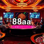 Experience the thrill of 88aa with poker chips and a roulette wheel in a luxurious casino setting.