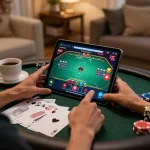 P3 player enjoying live poker on tablet in cozy home setting with strategy notes.