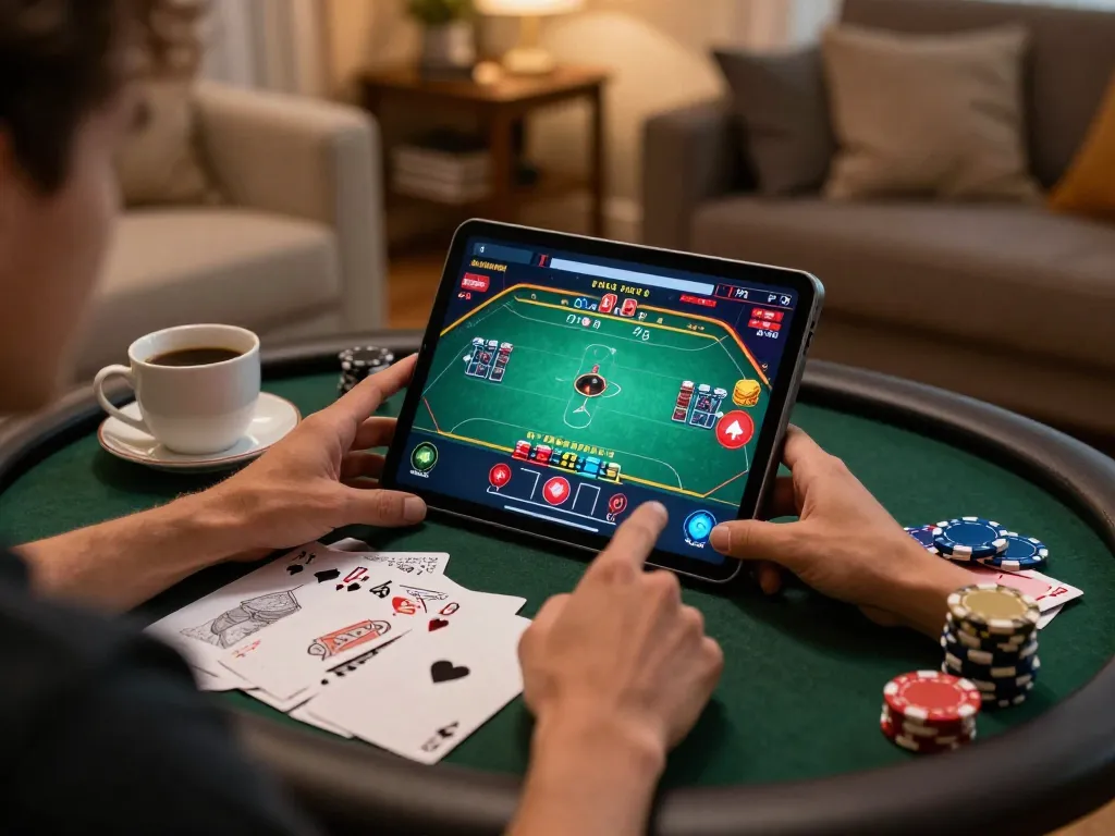 P3 player enjoying live poker on tablet in cozy home setting with strategy notes.