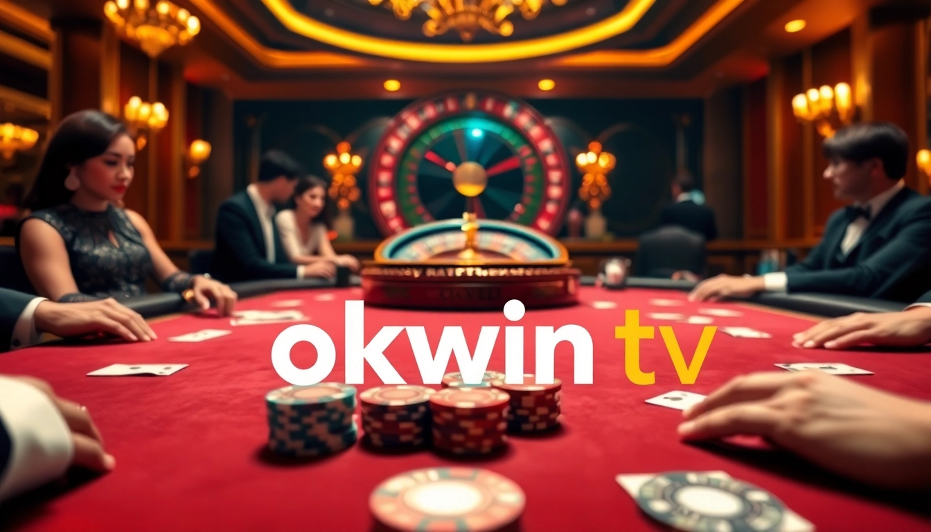 Exciting poker action at an Okwintv-themed casino table with vibrant colors and professional setups.