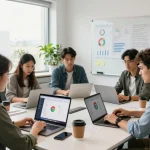 Group of professionals discussing谷歌浏览器 features in a bright tech workspace with laptops and charts.