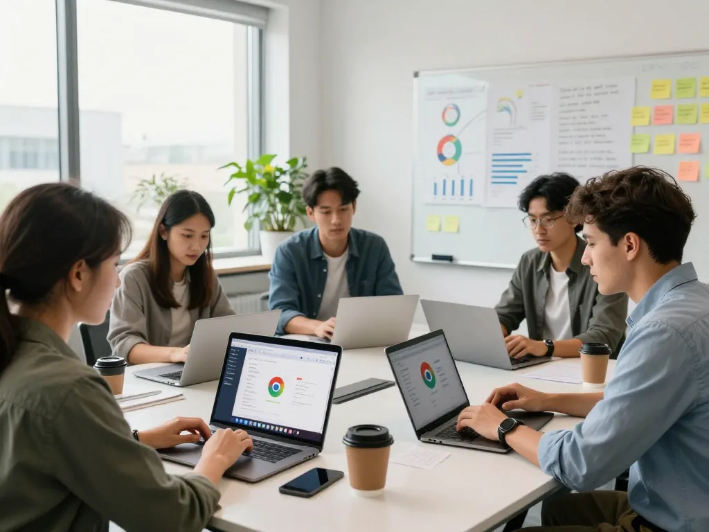 Group of professionals discussing谷歌浏览器 features in a bright tech workspace with laptops and charts.