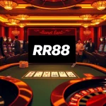 Engaged players at an RR88 poker table in a luxurious casino setting, highlighting an exciting gambling atmosphere.