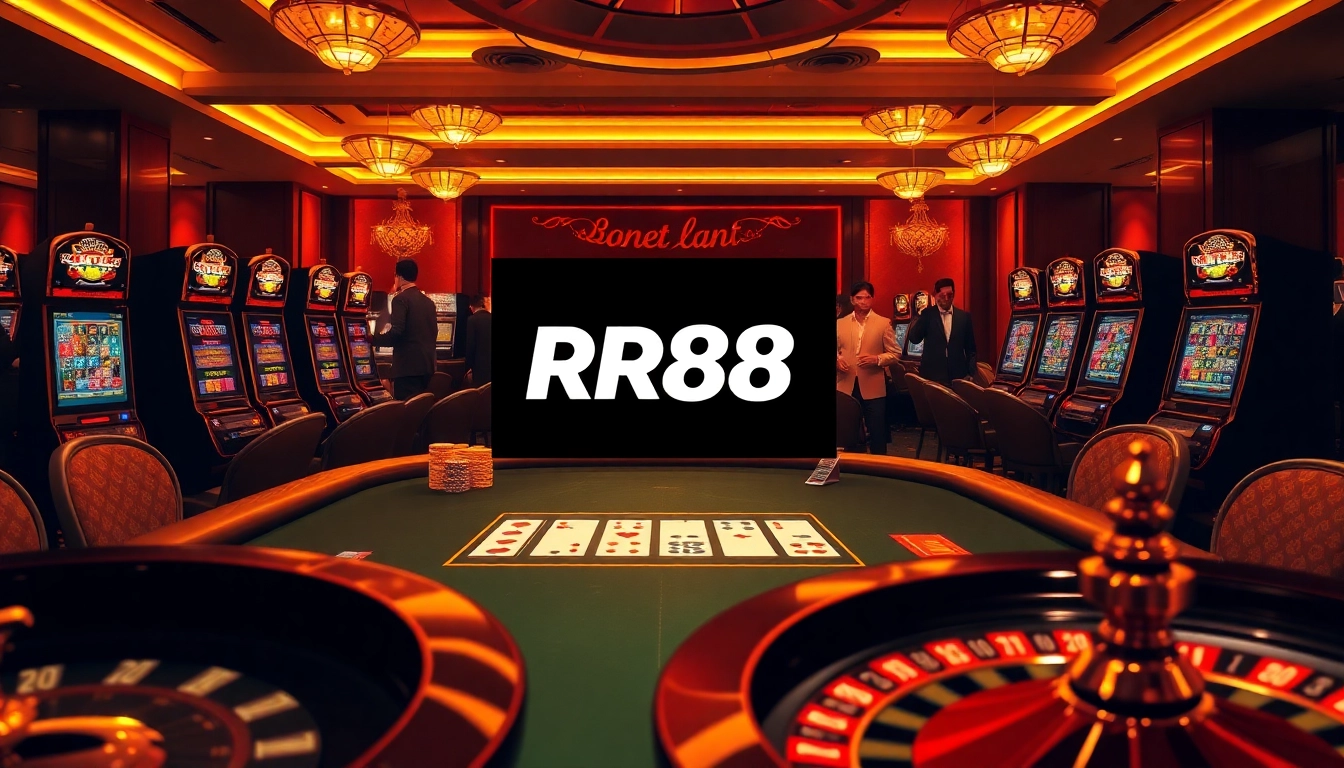 Engaged players at an RR88 poker table in a luxurious casino setting, highlighting an exciting gambling atmosphere.