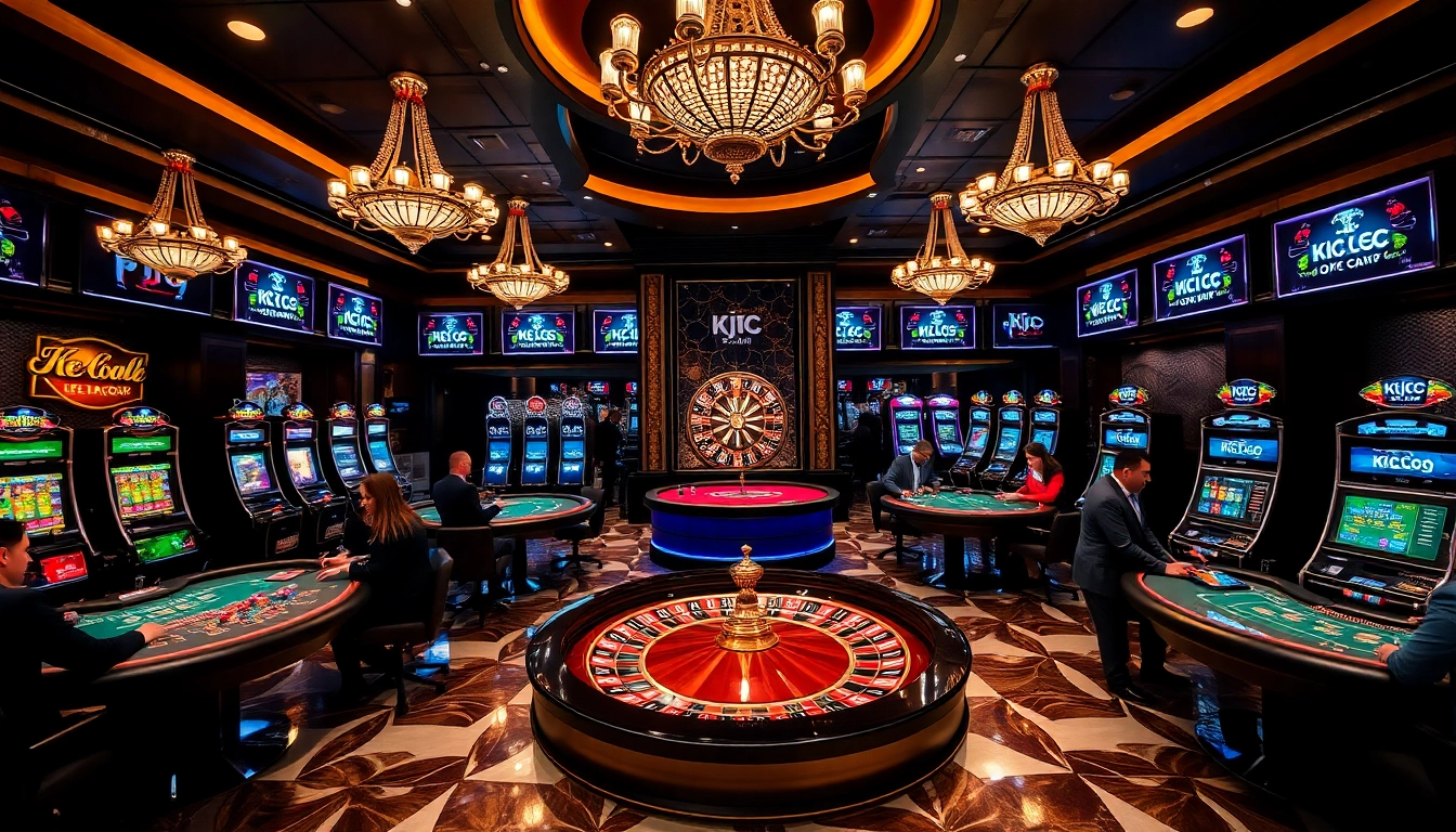 Engaged players at a Kjc us com casino table enjoying vibrant gaming action.