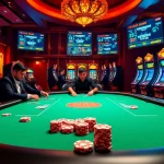 Engage in high-stakes poker at https://nk88bet.org/ with a luxurious casino scene showcasing strategic gameplay and vibrant atmosphere.