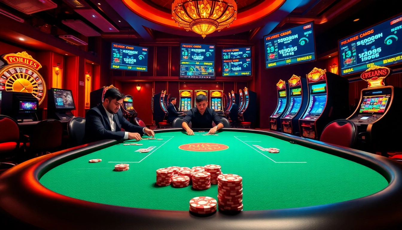 Engage in high-stakes poker at https://nk88bet.org/ with a luxurious casino scene showcasing strategic gameplay and vibrant atmosphere.