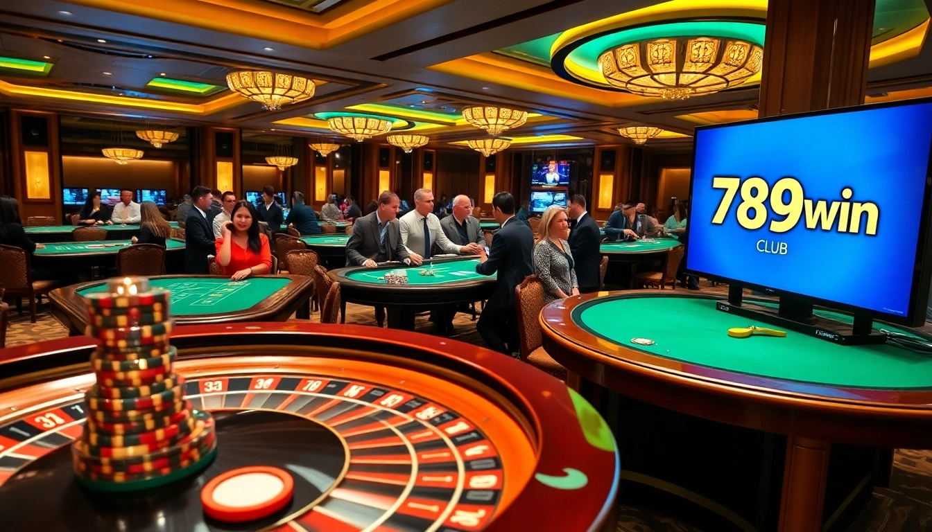 Action-packed gambling scene at 789win club featuring poker chips and roulette wheel.