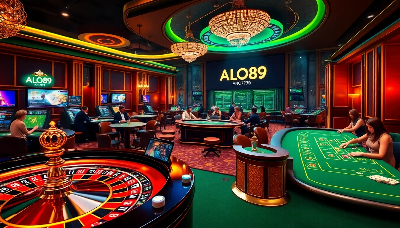 Alo789 players enjoying a thrilling casino experience with poker tables and roulette wheels in a vibrant setting.