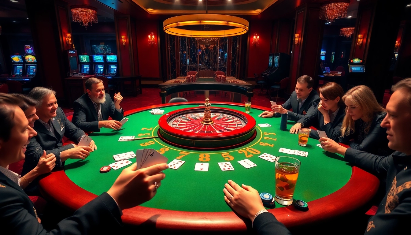 Players betting at an extravagant XX88 casino, featuring poker, roulette, and vibrant slot machines.