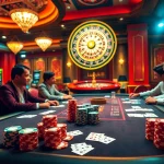 Experience the thrill of Luck8 at a luxurious casino poker table with players and colorful chips.
