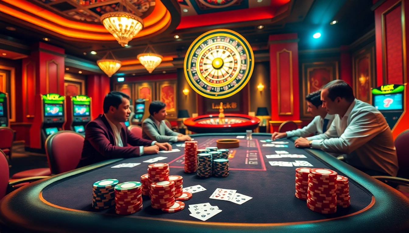 Experience the thrill of Luck8 at a luxurious casino poker table with players and colorful chips.