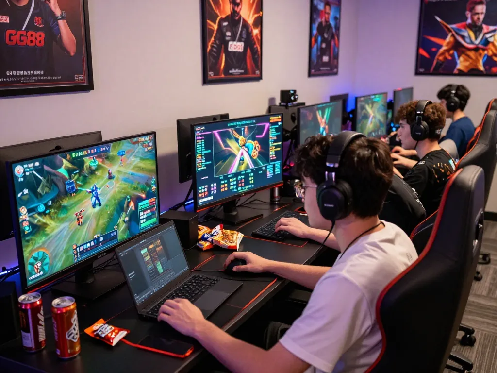 Exciting gaming atmosphere with players strategizing and engaging in GG88's esports betting.