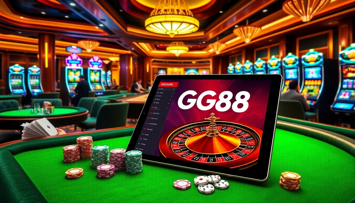 Players engage in the excitement of GG88 online gaming, featuring vibrant casino elements.
