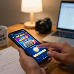 Playing slot gacor on a mobile device while enjoying a cozy home atmosphere with a focus on strategy and fun.