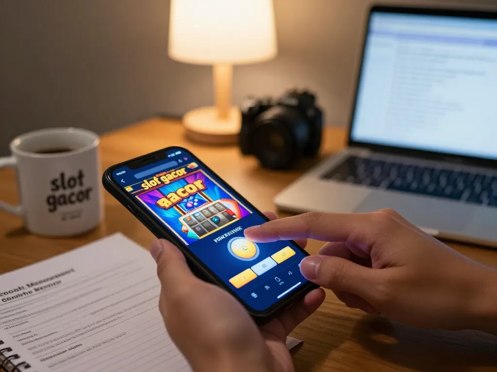 Playing slot gacor on a mobile device while enjoying a cozy home atmosphere with a focus on strategy and fun.