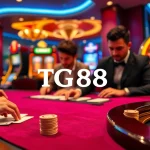 Experience the excitement of TG88 with professional poker players at a lavish casino table.