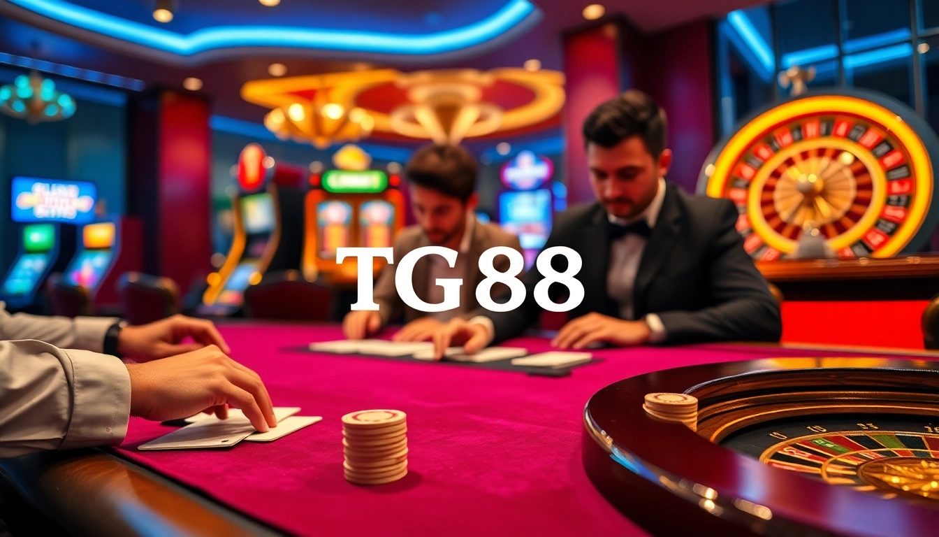 Experience the excitement of TG88 with professional poker players at a lavish casino table.