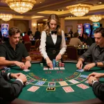 ONE88 blackjack players strategizing their bets at an upscale casino table amid vibrant surroundings.