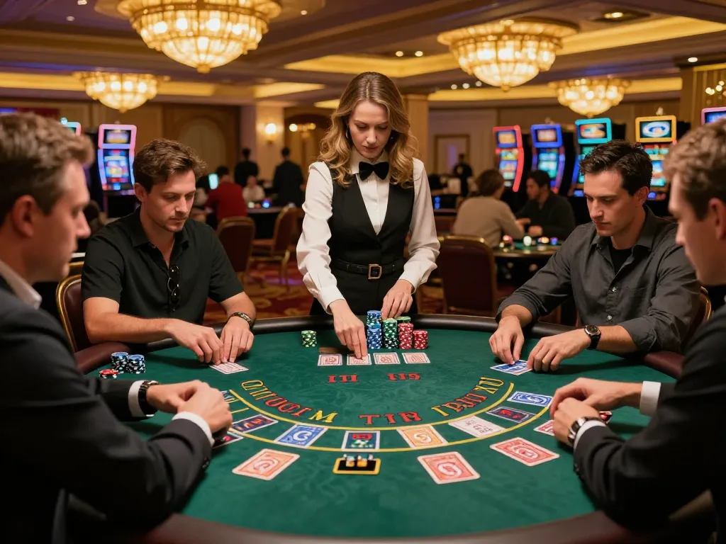 ONE88 blackjack players strategizing their bets at an upscale casino table amid vibrant surroundings.
